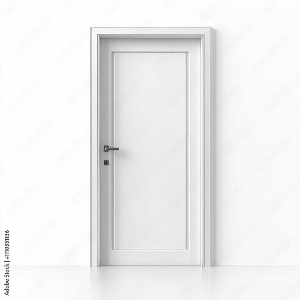 White door, simple frame, handle, white wall. White door, simple frame, handle, white wall.