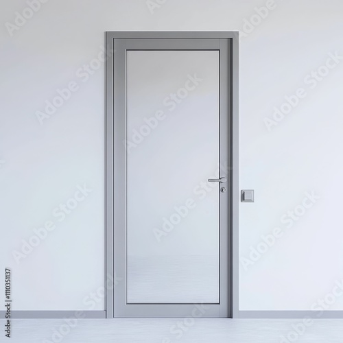 Grey door  light switch  white wall  floor.