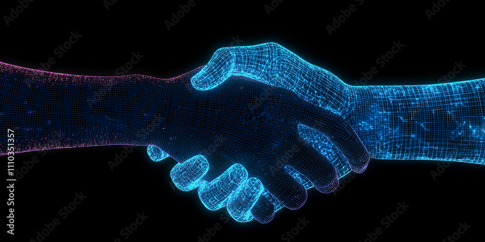 Digital Handshake with Neon Blue Glowing Wireframe Design Digital Handshake with Neon Blue Glowing Wireframe Design