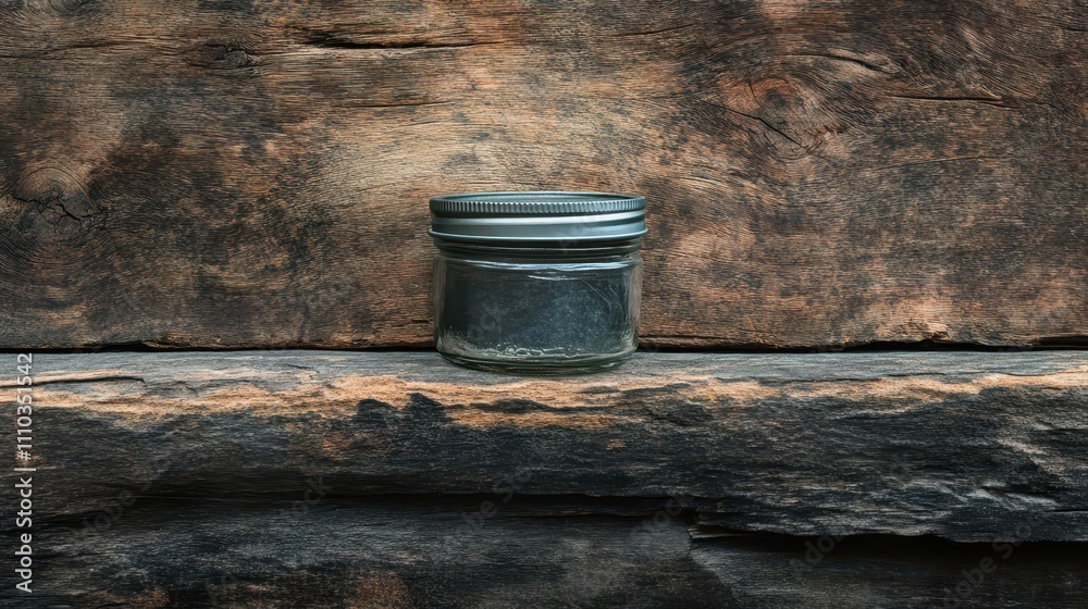 Rustic Still Life: Glass Jar of Dark Powder on Weathered Wooden Background Rustic Still Life: Glass Jar of Dark Powder on Weathered Wooden Background
