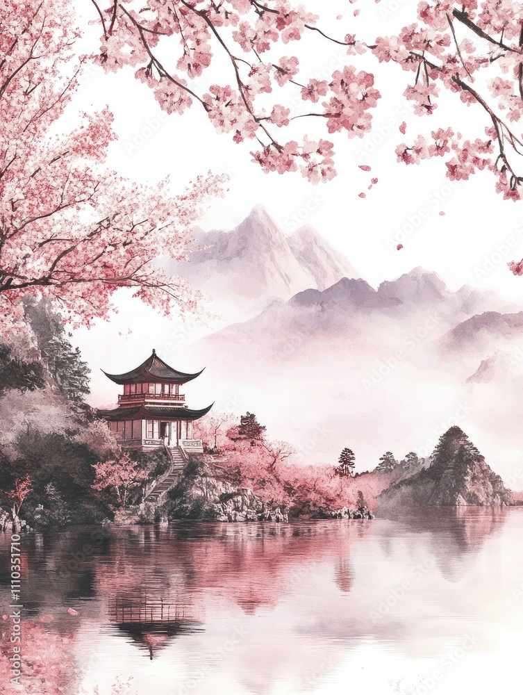 Lake and mountain landscape in Chinese style background. Japanese painting with hill, sakura trees, Chinese temple in watercolor texture. Oriental wallpaper in pink color design for wall art, print. Lake and mountain landscape in Chinese style background. Japanese painting with hill, sakura trees, Chinese temple in watercolor texture. Oriental wallpaper in pink color design for wall art, print.