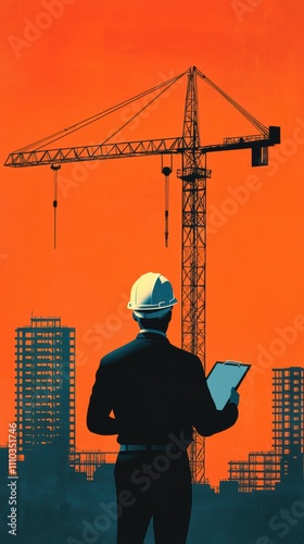 Construction Worker Overseeing Crane Operation Against an Orange Sunset Background in Urban Landscape