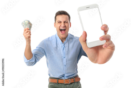 Happy man with mobile phone...