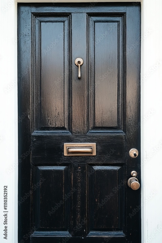 Obraz premium Dark wooden door, metallic fixtures, white frame.