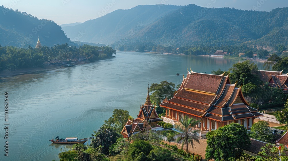 Naklejka premium A serene riverside view featuring traditional architecture, lush greenery, and mountains in the background, showcasing natural beauty and cultural heritage.