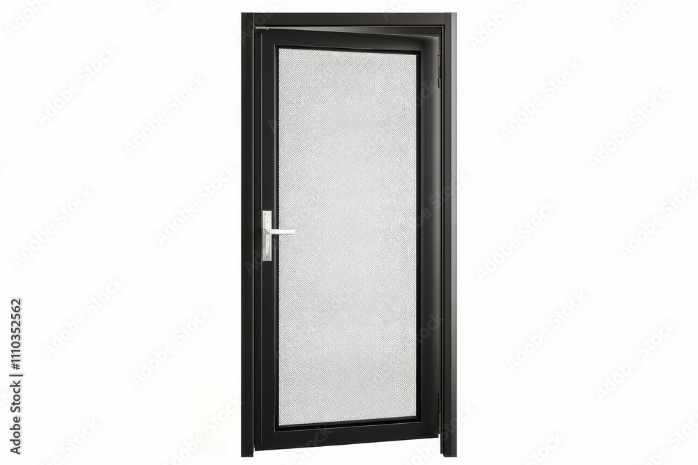 Black door, textured glass, slightly ajar, silver handle. Black door, textured glass, slightly ajar, silver handle.