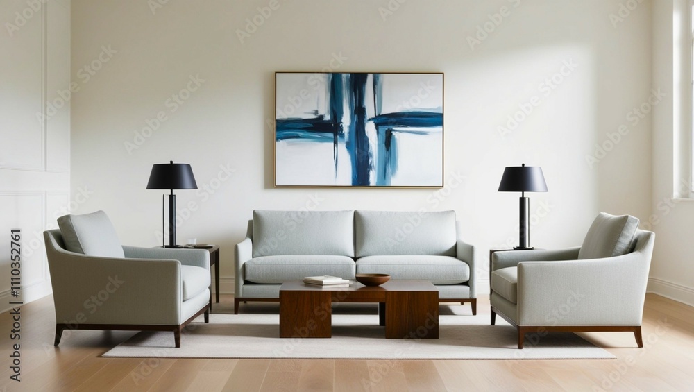 Japandi inspired minimalist living room with abstract artwork.