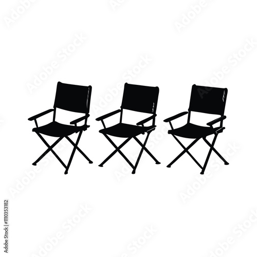 three black folding chairs arranged in a row.