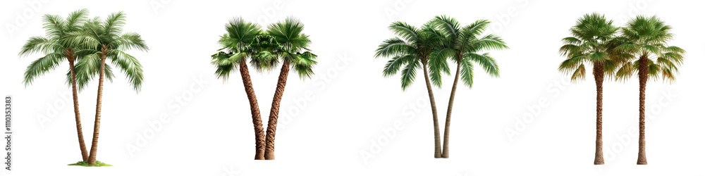Obraz premium Tall palm trees with lush green fronds, showcasing various trunk styles and colors, create tropical atmosphere. Perfect for enhancing outdoor spaces or landscapes