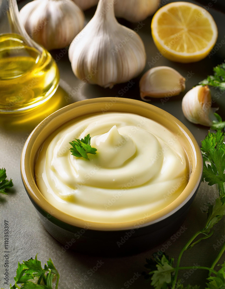Aioli (Mediterranean) Dressing made from egg, garlic, olive oil and herbs in a pot on the table Aioli (Mediterranean) Dressing made from egg, garlic, olive oil and herbs in a pot on the table
