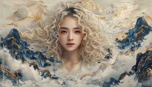japanese girl golden noodles hair chinese mountain background