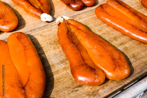 Close-up of drying mullet roe at Lukang Old Street in Changhua, Taiwan. photo