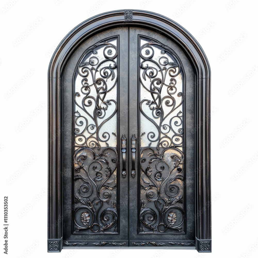 Ornate double door, arched top, metalwork detail. Ornate double door, arched top, metalwork detail.