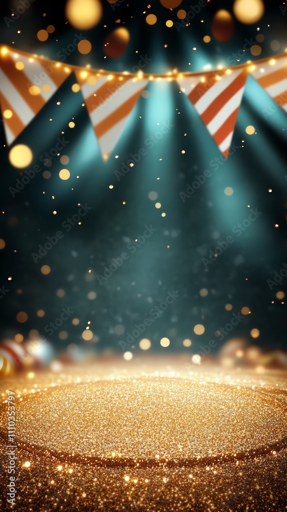 Festive background with colorful bunting and sparkling lights, perfect for celebrations and events. Festive background with colorful bunting and sparkling lights, perfect for celebrations and events.