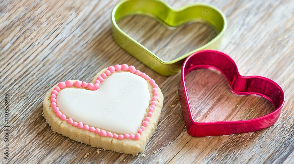 Heart-Shaped Cookies With Colorful Cookie Cutters on Wooden Table Heart-Shaped Cookies With Colorful Cookie Cutters on Wooden Table