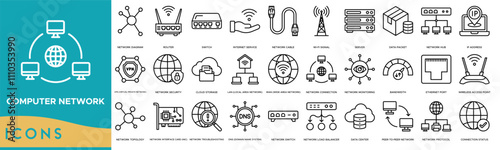 Computer network icon. Network Diagram, Router, Switch, Internet Service and Network Cable