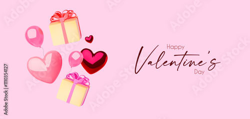 Happy Valentine's day card template with gift box, balloons and hearts. photo