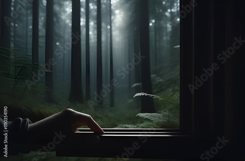 a hand reaches out of a window in a forest.