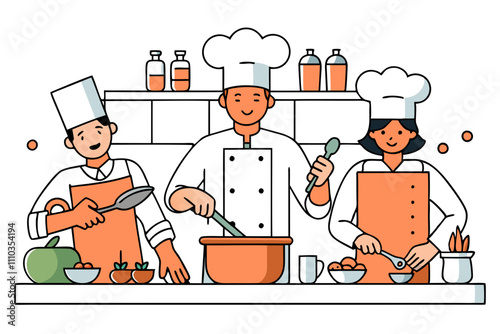 An illustration of a group of chefs working together in a modern kitchen