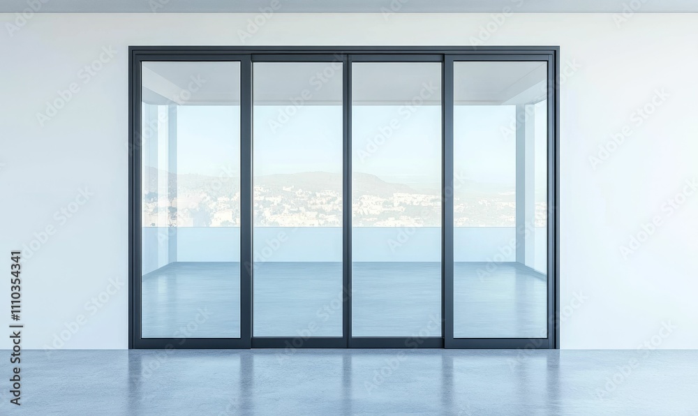 Fototapeta premium Sliding glass doors reveal distant landscape.
