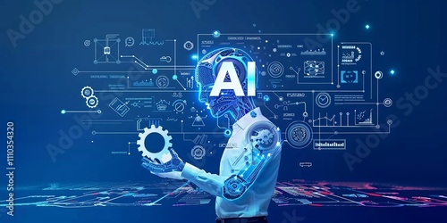 Professional Businessman Engaged with an Advanced Artificial Intelligence (AI) Conceptual Interface, Surrounded by Gears and Digital Icons Representing Intelligent Technology Solutions and Innovation