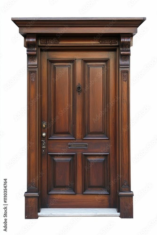 Ornate dark wood door, detailed trim, stone sill. Ornate dark wood door, detailed trim, stone sill.