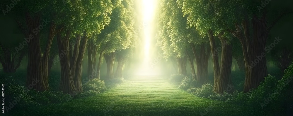 A serene forest path illuminated by a bright light, evoking a sense of peace and wonder. A serene forest path illuminated by a bright light, evoking a sense of peace and wonder.