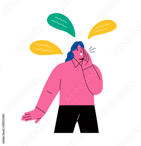 Business woman talking rumors or whispering. Flat vector illustration isolated on white background