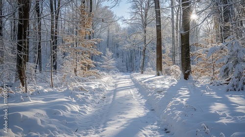 A serene winter landscape with a snow-covered path winding through a tranquil forest, illuminated by soft sunlight filtering through the trees.