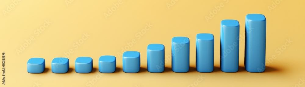 A series of ascending blue cylindrical bars on a yellow background, representing growth or progress, with blank space for text A series of ascending blue cylindrical bars on a yellow background, representing growth or progress, with blank space for text