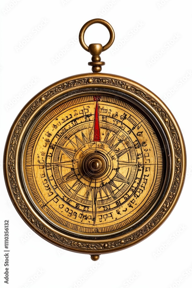Ornate compass, gold, needle, directional markings. Ornate compass, gold, needle, directional markings.