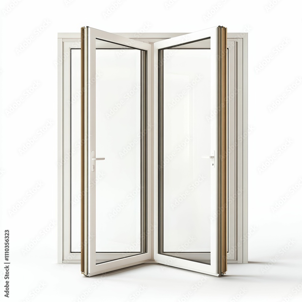 White folding door, glass panes, brown accents. White folding door, glass panes, brown accents.