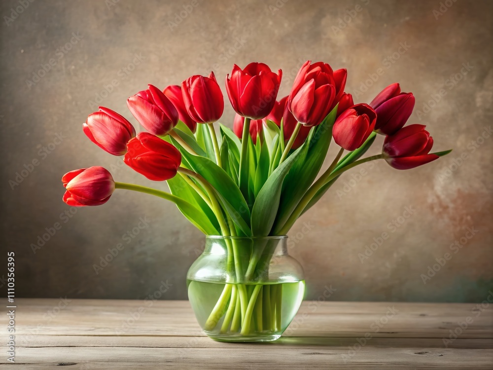 Fototapeta premium Minimalist Photography of a Vibrant Bouquet of Red Tulips in a Simple Vase Against a Soft Neutral Background, Emphasizing Elegance and Natural Beauty
