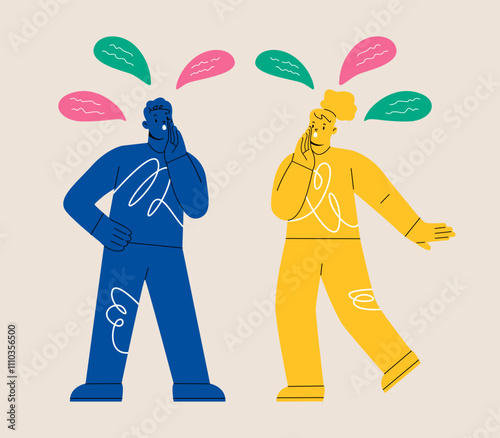 Man and woman talking rumors or whispering. Colorful vector illustration