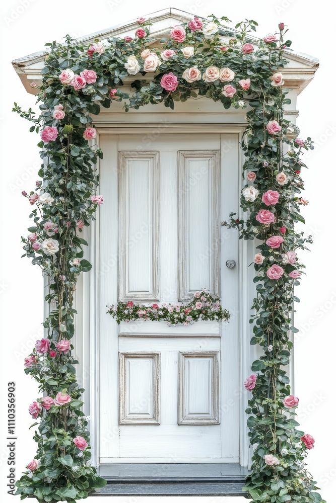 White door adorned with flowering vines. White door adorned with flowering vines.