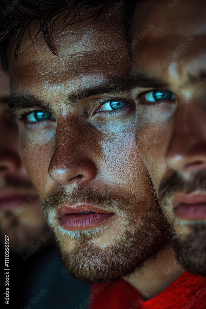 Close-up portrait of three handsome men with intense blue eyes Close-up portrait of three handsome men with intense blue eyes