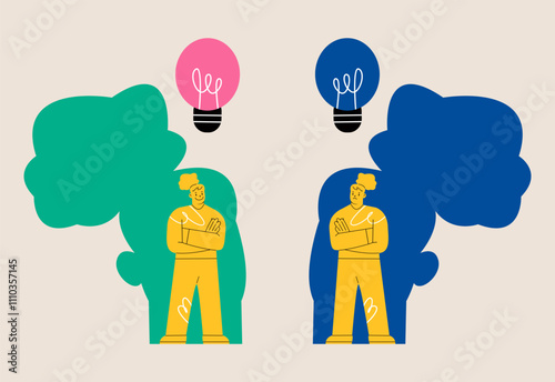 Woman with bright light bulb and dark light bulb. Concept of creativity. Colorful vector illustration