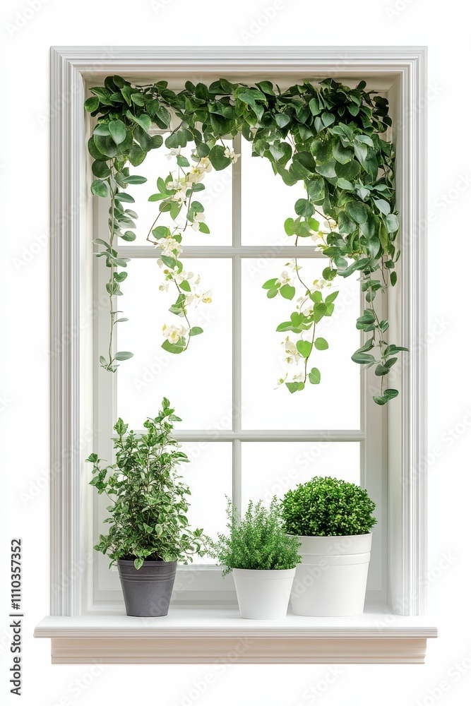 White windowsill, potted plants, leafy vines. White windowsill, potted plants, leafy vines.