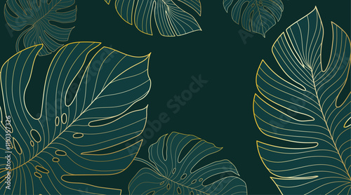 Golden gradient background with monstera leaves. Hand drawn luxury tropical leaf on green background. Best for prints, banner, poster, cover, wallpapers.