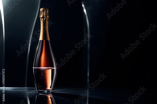 Photo of a bottle and glass with champagne on a black table.