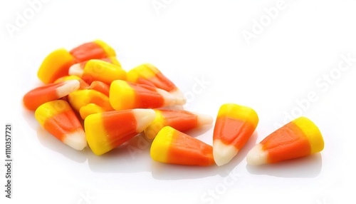 Candy corn is a small, pyramid shaped candy, divided into three sections of different colors, with a waxy texture and a flavor based on honey, sugar, butter, and vanilla. Isolated on white background photo