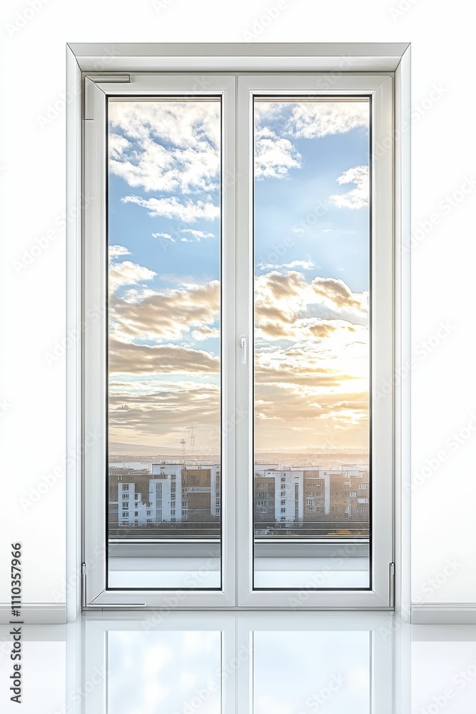 White-framed window, city view, sunset sky. White-framed window, city view, sunset sky.