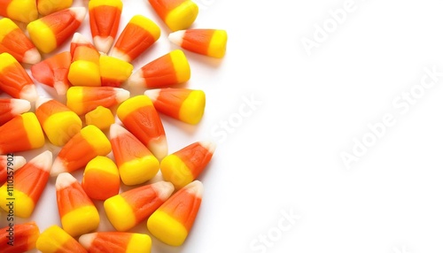 Candy corn is a small, pyramid shaped candy, divided into three sections of different colors, with a waxy texture and a flavor based on honey, sugar, butter, and vanilla. Isolated on white background photo