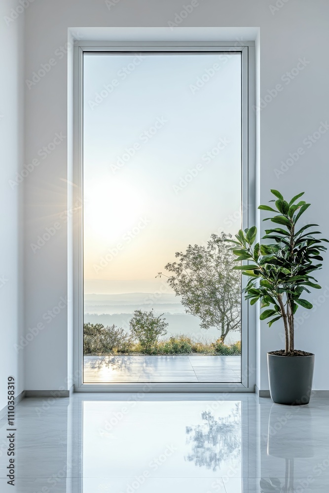 Modern room, large window, scenic view, potted plant. Modern room, large window, scenic view, potted plant.