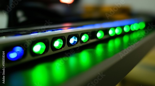 A close-up of green bokeh lights in a data center filled with supercomputers, server racks, and cloud computing technologies.