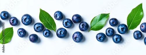 A cluster of fresh blueberries with leaves, isolated white background, abstract art style