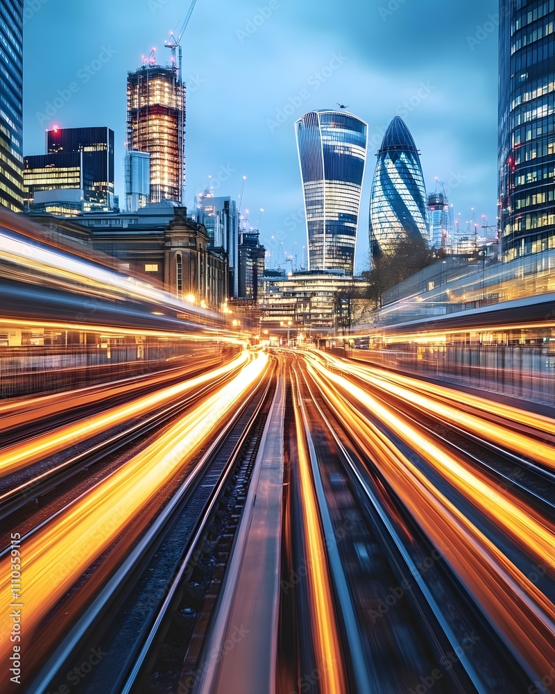 A dynamic cityscape with blurred train motion and modern skyscrapers under a twilight sky.