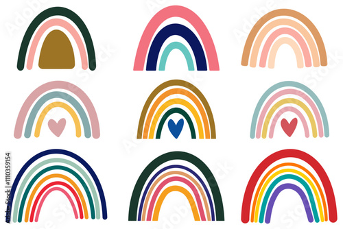 Boho rainbows abstract shapes set, silhouette of rainbow vector illustration, rainbows with clouds, abstract hand drawn collection. glyph nature weather elements for poster, print, card or books.