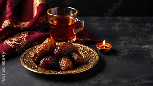 Eid mubarak with tea and dates. Dried dates and red tea in the Arab glasses on a dark background. Ramadan, Eid concept. Copy space photo