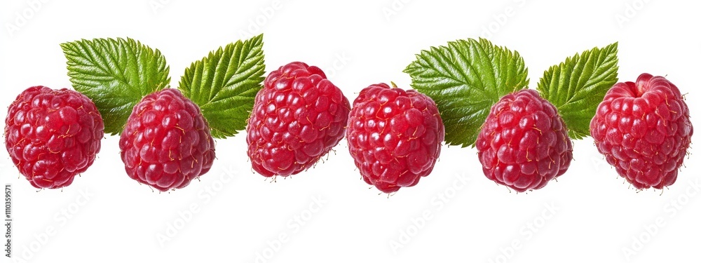 A cluster of fresh raspberries with leaves, isolated white background, abstract art style A cluster of fresh raspberries with leaves, isolated white background, abstract art style